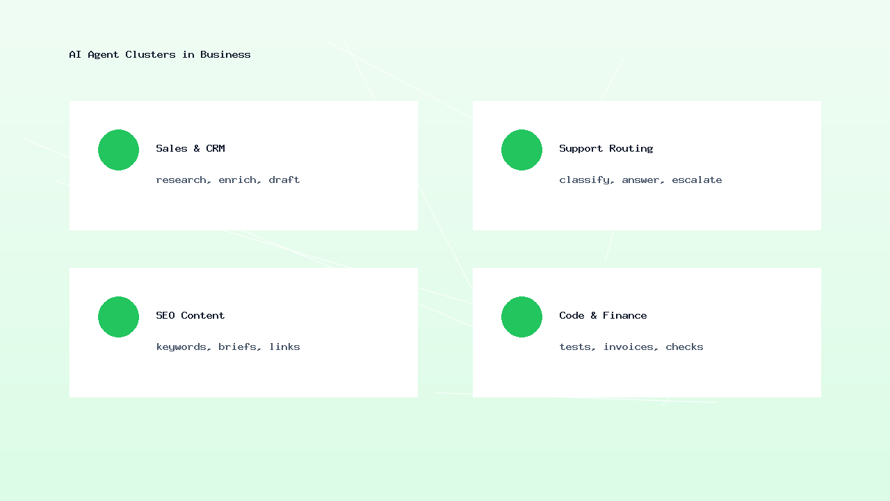 Business dashboard showing AI agent use cases across sales support SEO code and finance