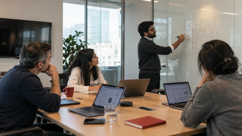 Team working session at a whiteboard